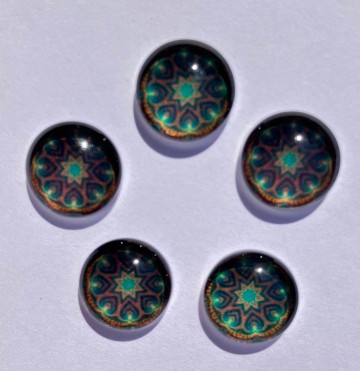 Glas Cabochons 12 mm 5 stuks Mandala Donkergroen Blauw