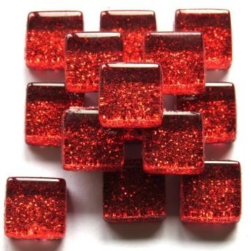 Glas Vierkantjes 10mm Glitter 50 gram Rood