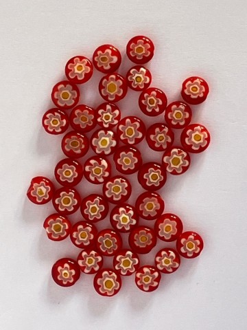 Millefiori Glaskralen 40 stuks Rond 7-8 mm Rood met Gele kern